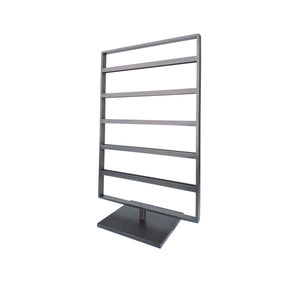 Angled view of Slate Revolving Earring Stand, blackened steel earring stand for jewelry display