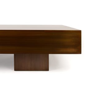 Detail base view of Hiro Table, minimalist coffee table with vintage bronze finish