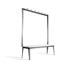 Avenue Bench, blackened steel bench with rack and white oak seat