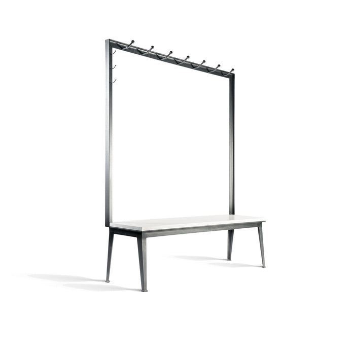Avenue Bench, blackened steel bench with rack and white oak seat