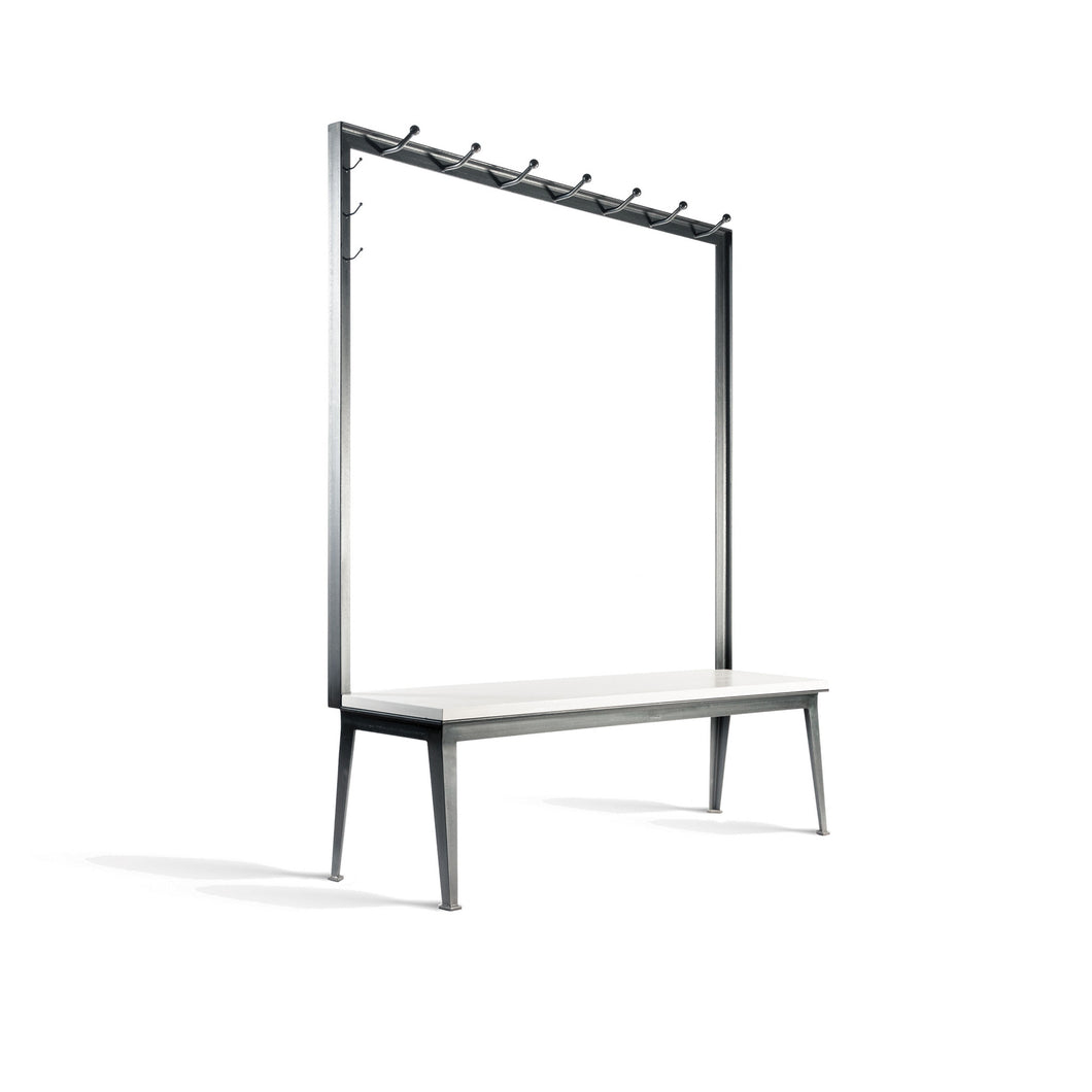 Avenue Bench, blackened steel bench with rack and white oak seat