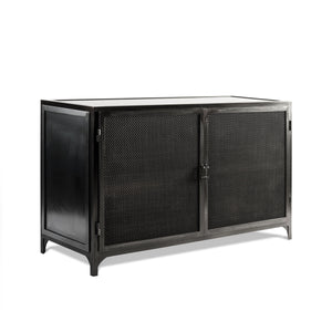 Bailey Console, blackened steel industrial media storage with mesh doors