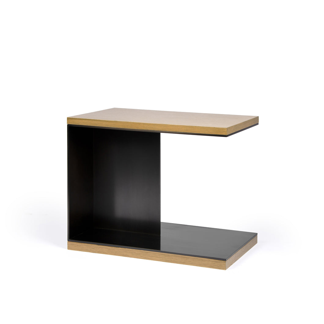 Berlin Side Table, modern blackened steel side table with white oak top and bottom