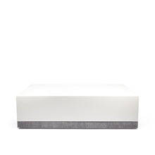 Load image into Gallery viewer, Corian Coffee Table, white corian table with hand textured steel detailing along bottom edge
