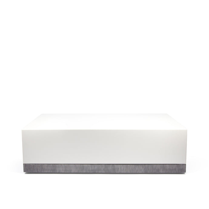 Corian Coffee Table, white corian table with hand textured steel detailing along bottom edge