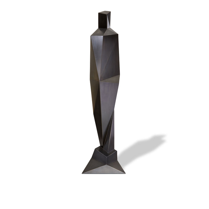 Front view of Fractional Male, geometric sculpture in blackened steel