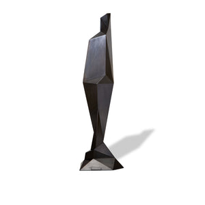 Side view of Fractional Male, geometric sculpture in blackened steel