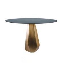 Load image into Gallery viewer, Jewel Table, asymmetrical geometric table with round blackened steel top and silicon bronze base
