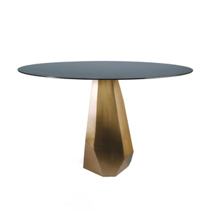 Jewel Table, asymmetrical geometric table with round blackened steel top and silicon bronze base