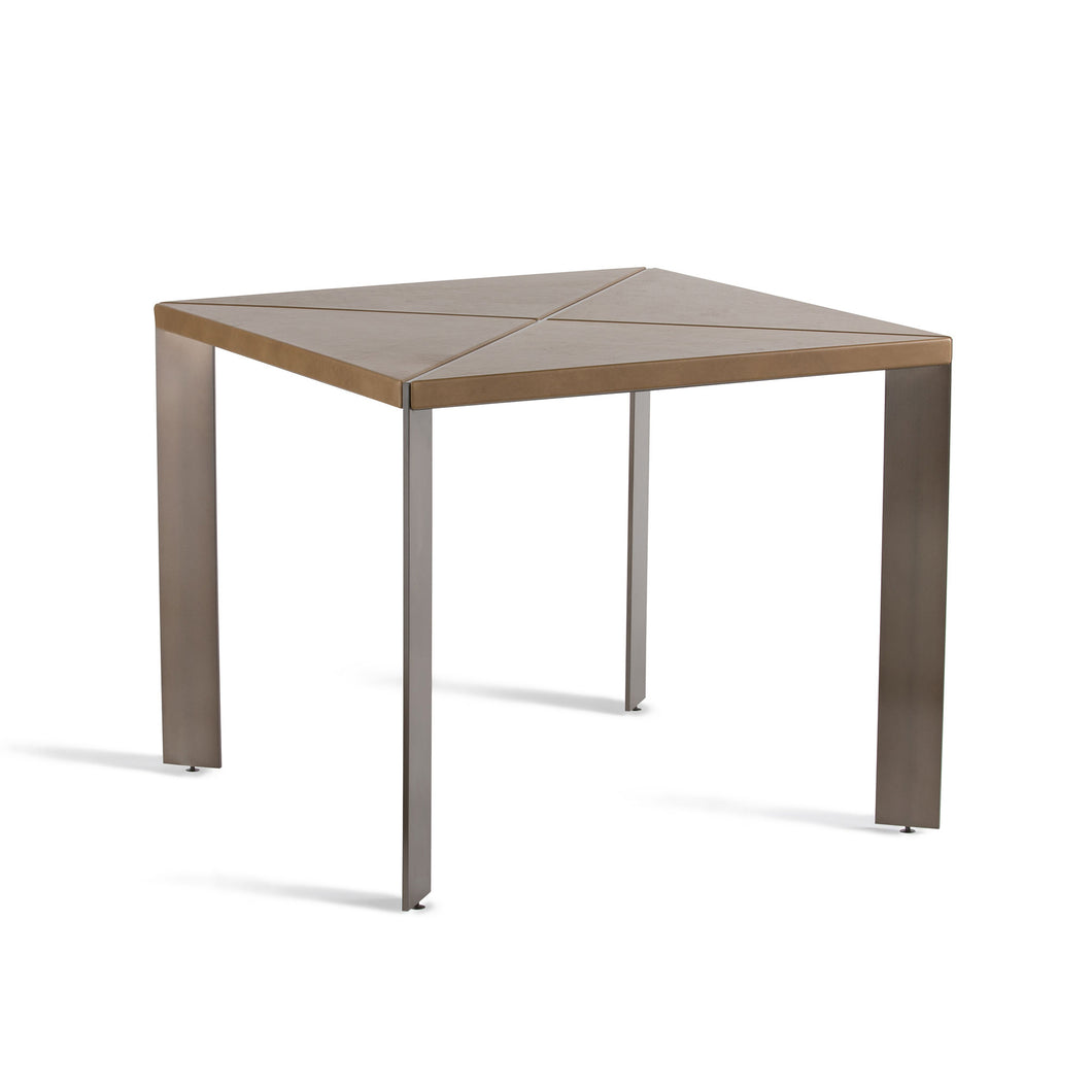 Bluff Leather Table, square table with powder coated angled steel legs and leather upholstered top