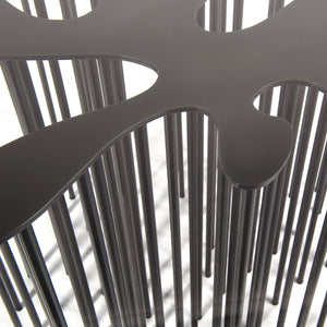 Mara Table detail view, marine inspired blackened steel side table with organic form and many legs with glass top
