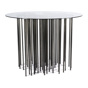Mara Table side view, marine inspired blackened steel side table with organic form and many legs with glass top