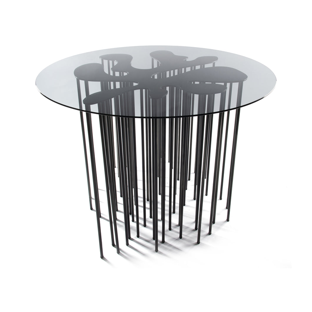 Mara Table, marine inspired blackened steel side table with organic form and many legs with glass top