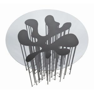 Mara Table top view, marine inspired blackened steel side table with organic form and many legs with glass top