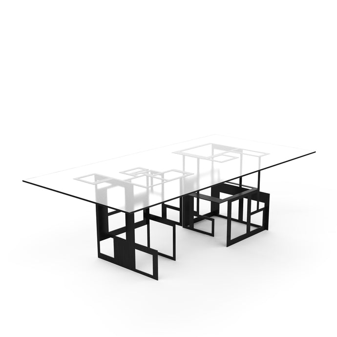 Moda Table, Contemporary geometric table inspired by Mondrian in blackened steel with glass top