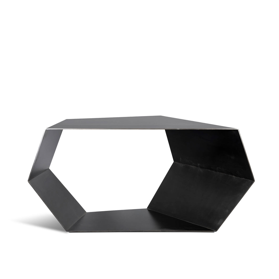 Open Geo Table, geometric blackened steel display table 