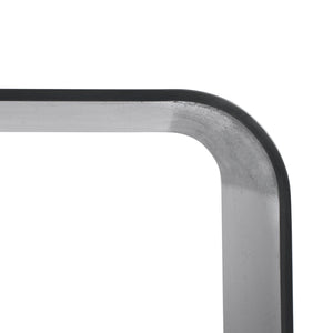 Detail view of Lin Bench, minimalist curved bench in blackened hot rolled steel