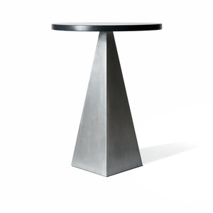 Pedestal Table, pyramid form blackened steel table with espresso oak top