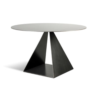Trillion Table, Modern open pyramid table base with blackened steel finish and top