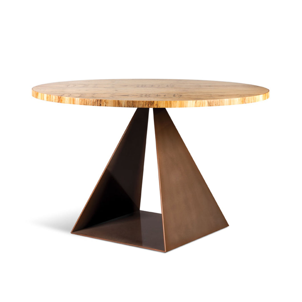 Trillion Table, Modern open pyramid table base with copper powder coat finish and spalted maple top